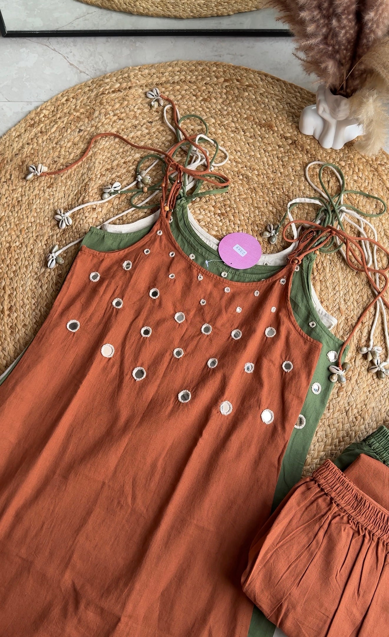 Suhana cotton strappy mirror work Kurti with palazzo