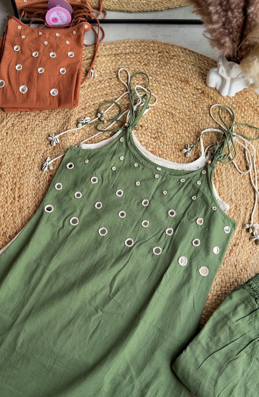 Suhana cotton strappy mirror work Kurti with palazzo