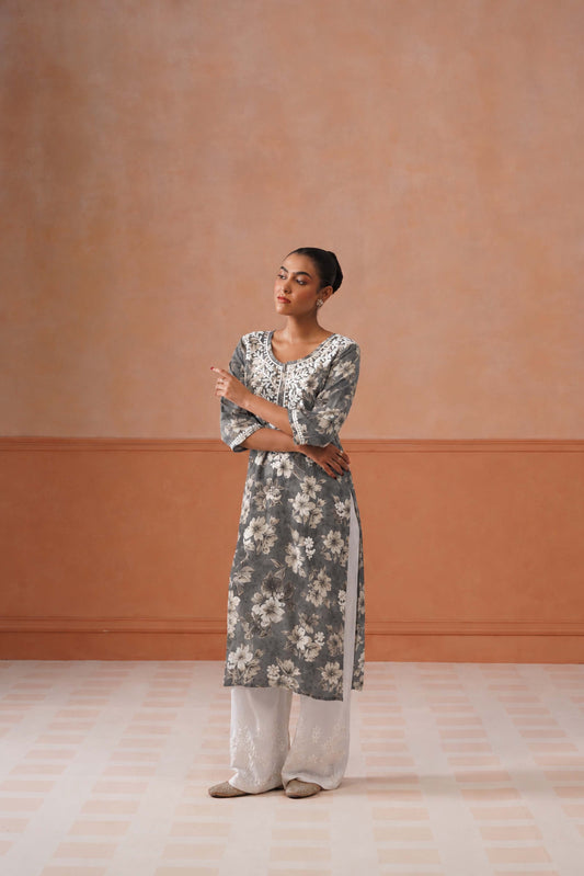 Reetika Gray Floral Chikankari Embroidery Kurta