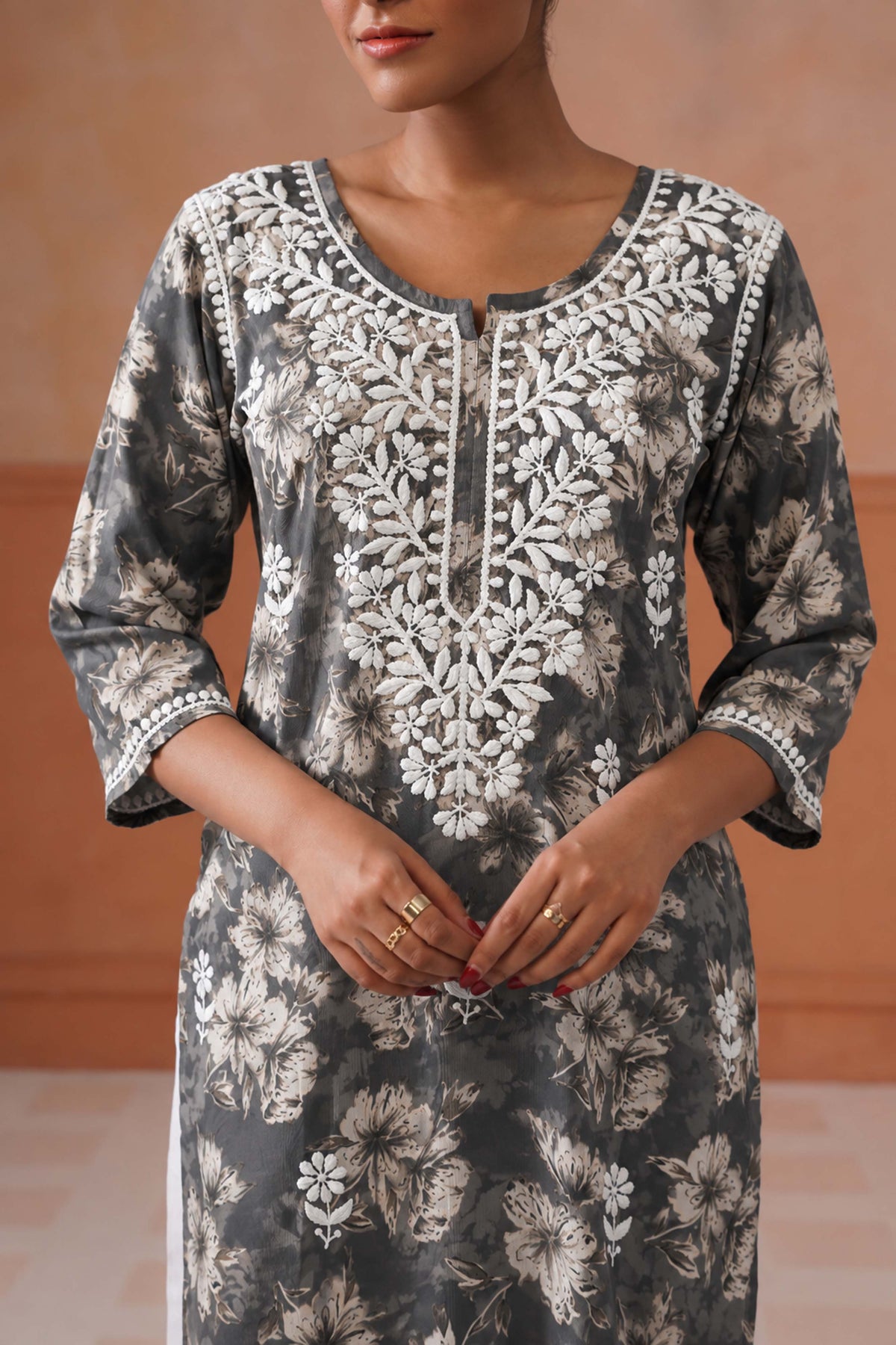 Reetika Gray Floral Chikankari Embroidery Kurta