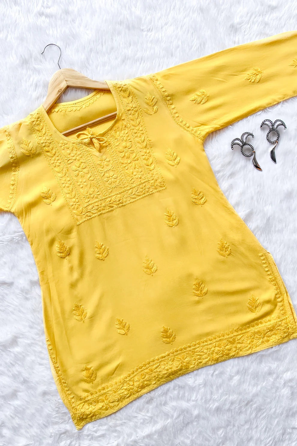 Safina Yellow Chikankari Rayon Short Kurti