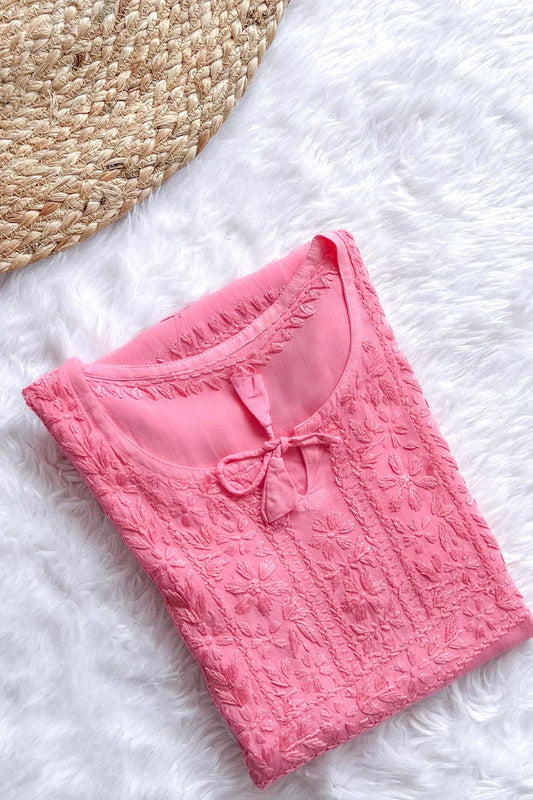 Safina Peachy Pink Chikankari Rayon Short Kurti
