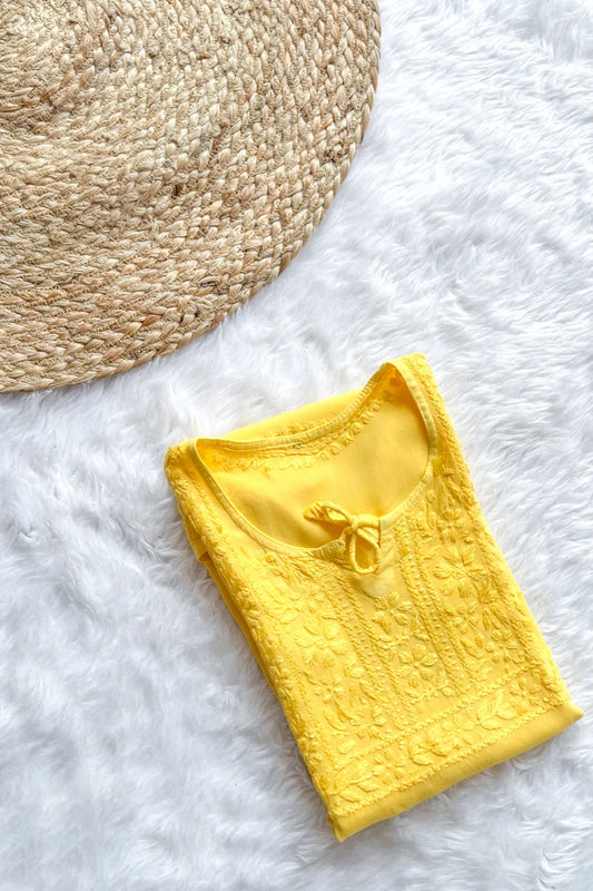 Safina Yellow Chikankari Rayon Short Kurti