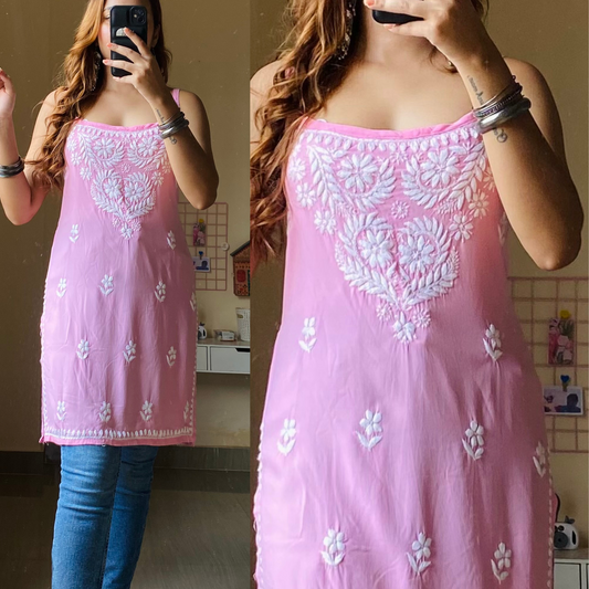 Kalindi sleeveless white Chikankari kurta with hand-embroidery for women