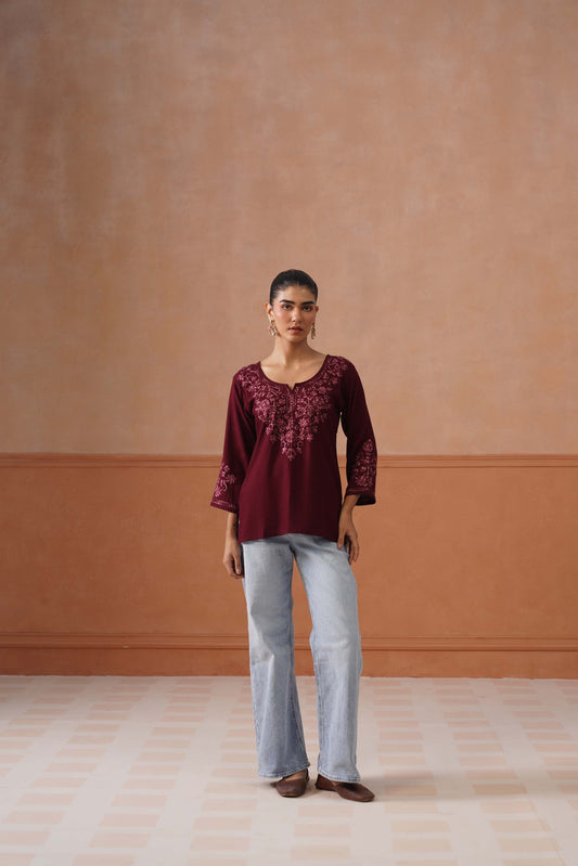 Noor Maroon Floral Embroidery Short Kurta
