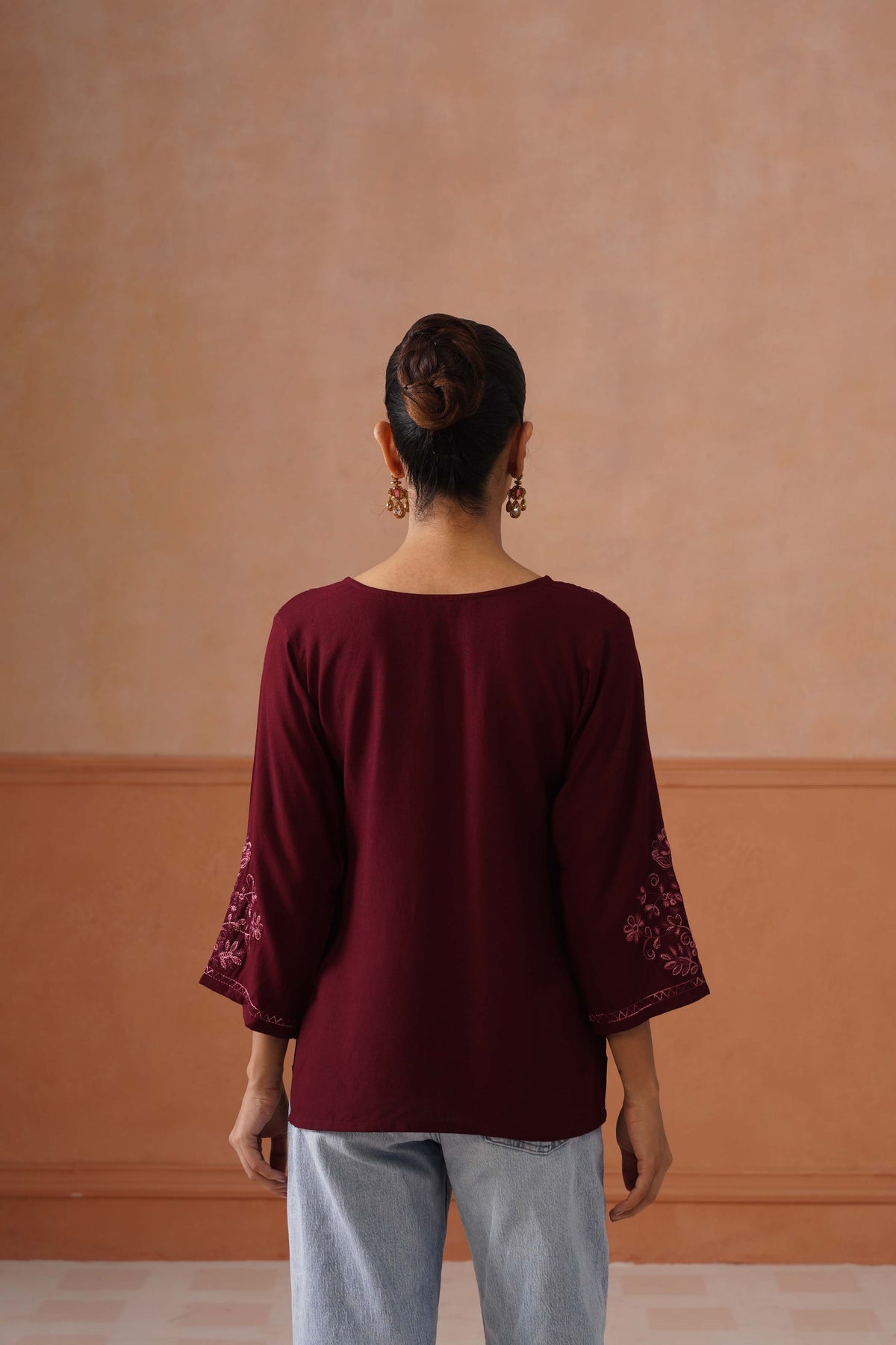 Noor Maroon Floral Embroidery Short Kurta