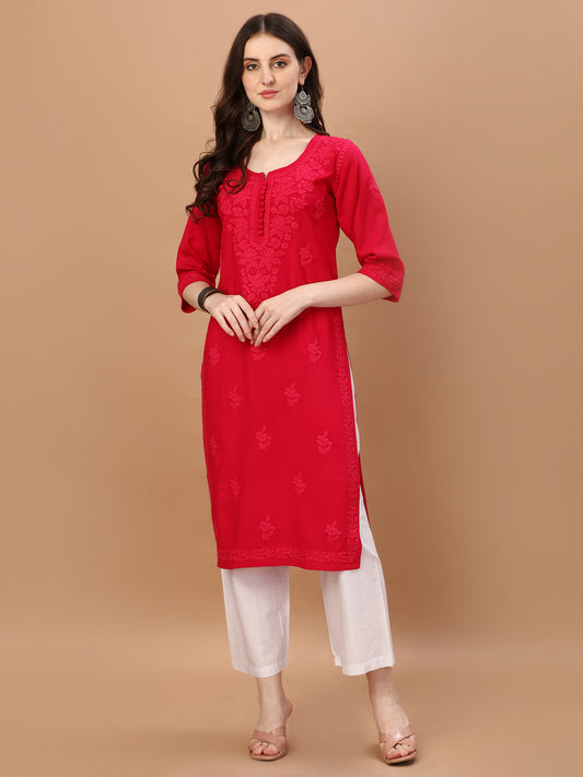 Anouki Red Rayon Cotton Kurta