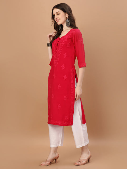 Anouki Red Rayon Cotton Kurta