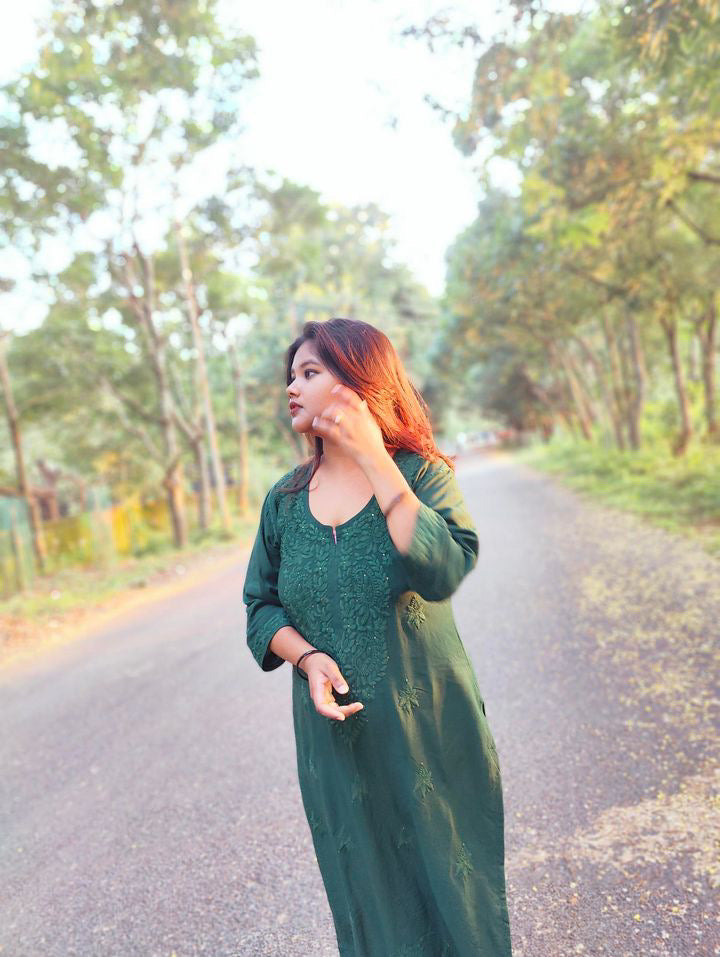 MIRHA BOTTLE GREEN RAYON SEQUIN EMBLLISHED LONG KURTA
