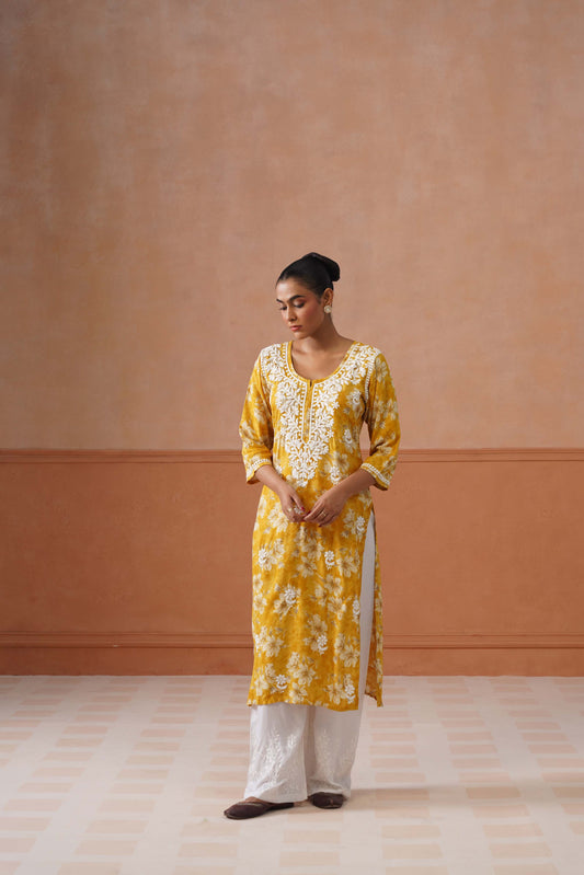 Reetika Yellow Floral Chikankari Embroidery Kurta
