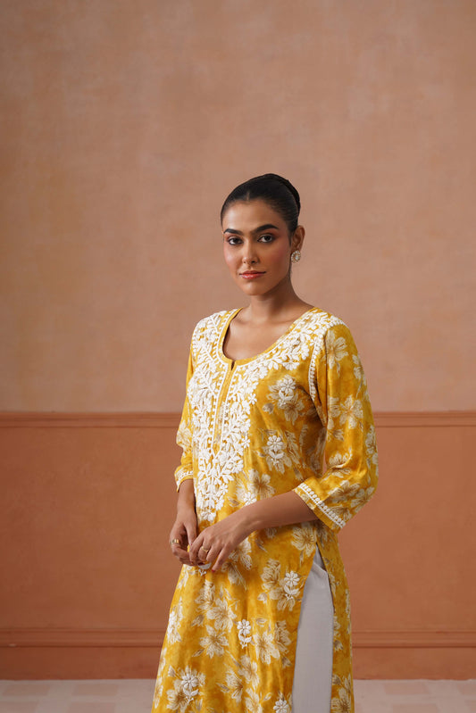 Reetika Yellow Floral Chikankari Embroidery Kurta