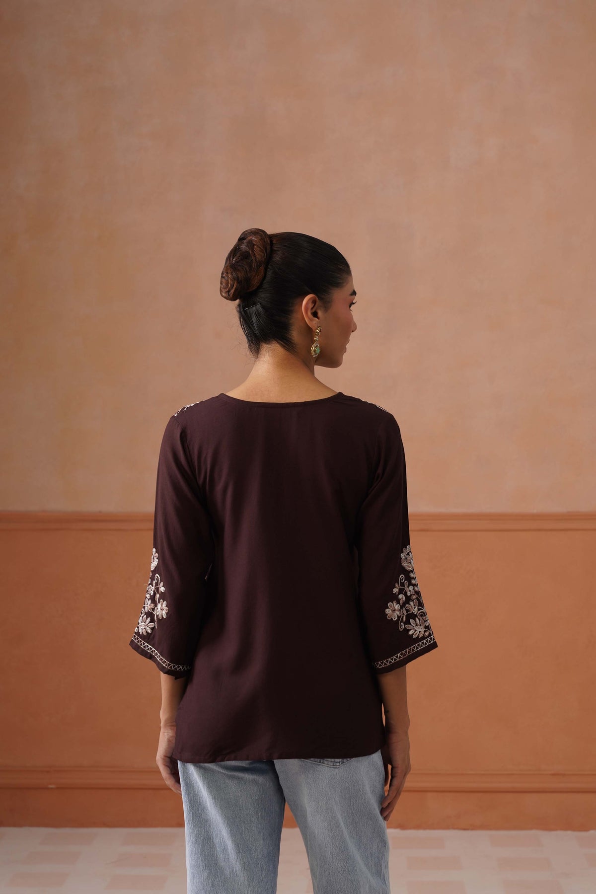Noor Brown Floral Embroidery Short Kurta
