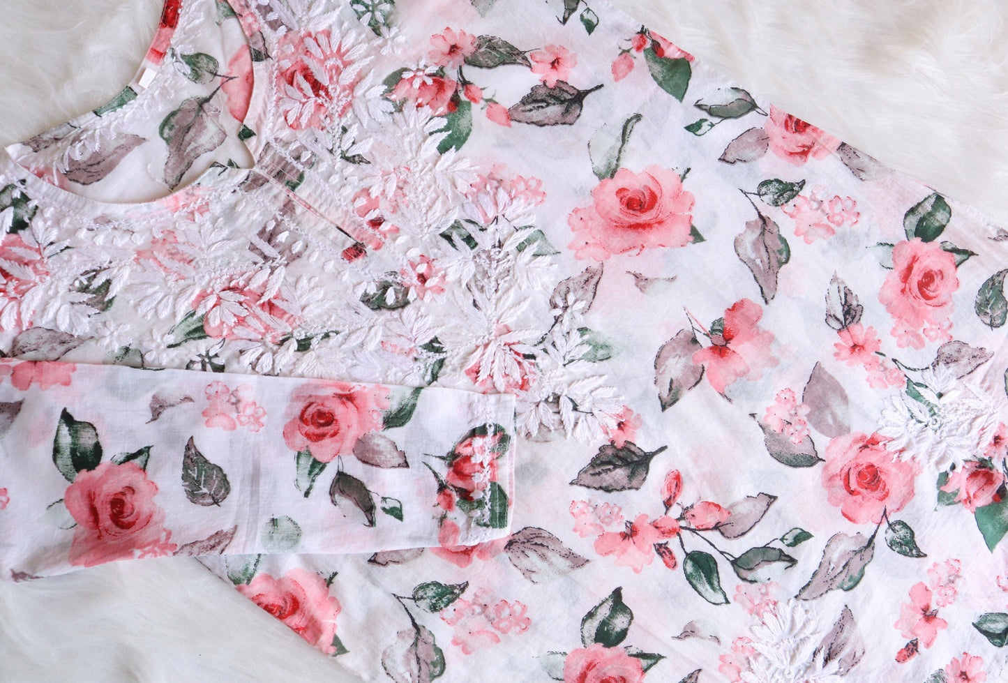 Kasha White & Red Rose Short Mulmul Kurta
