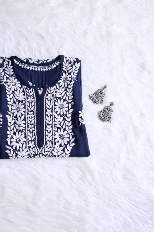 ZEENAT Navy Blue Long Rayon Kurta