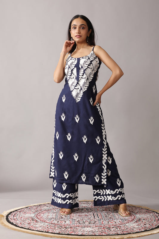 SUHANI Navy Blue Sleeveless Rayon Kurta Pant set