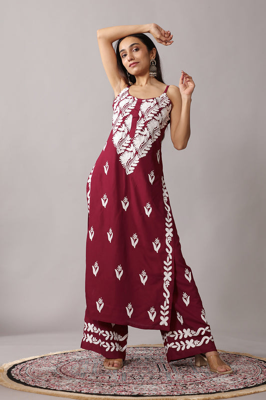 SUHANI Maroon Sleeveless Rayon Kurta Pant set