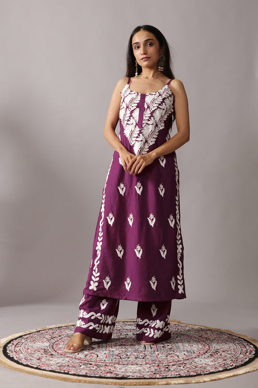 SUHANI Deep Purple Sleeveless Rayon Kurta Pant set