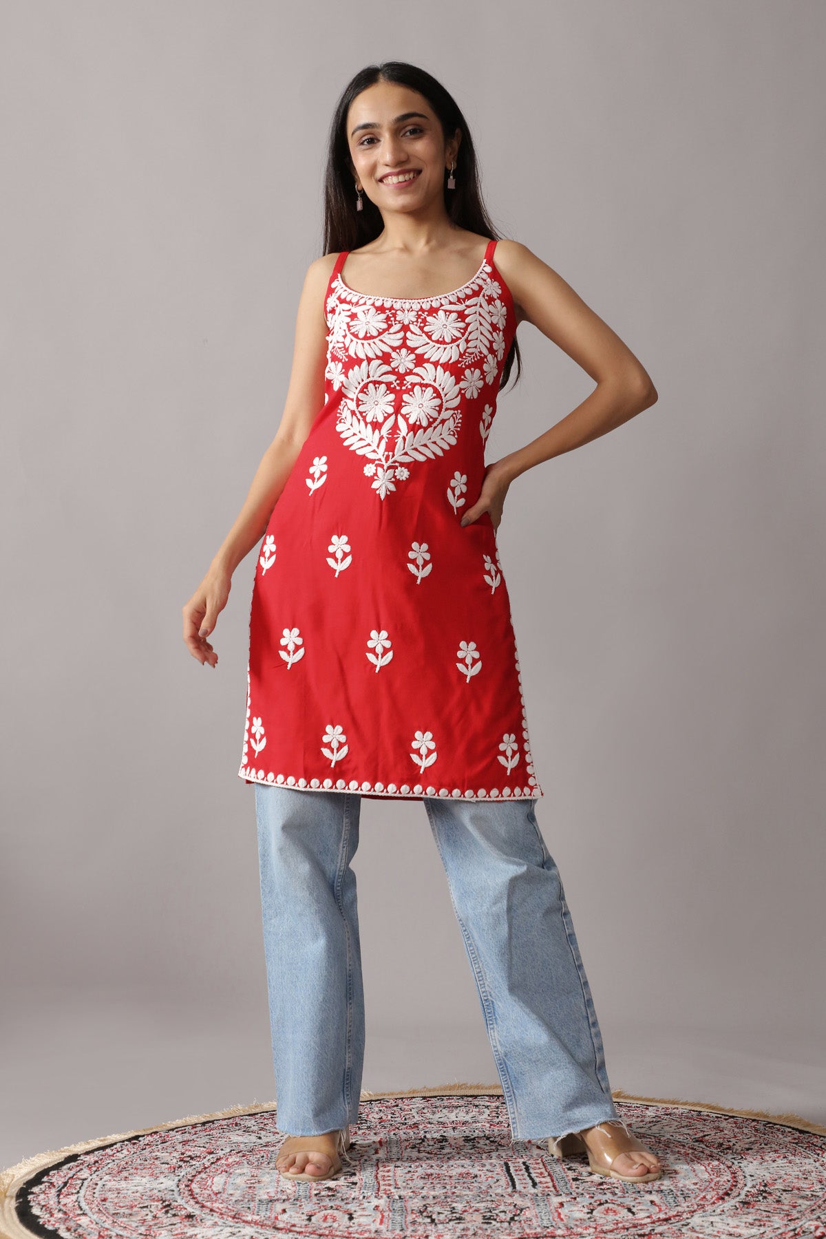 Kalindi Red Sleeveless Straight Kurta