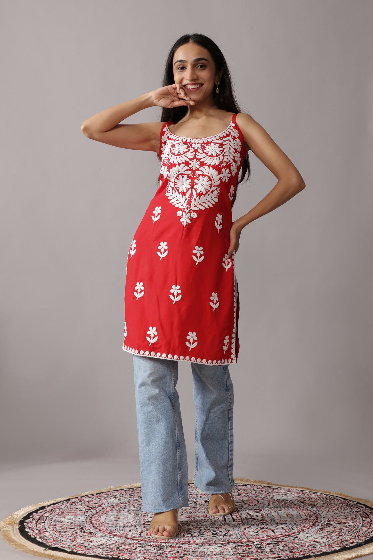 Kalindi Red Sleeveless Straight Kurta