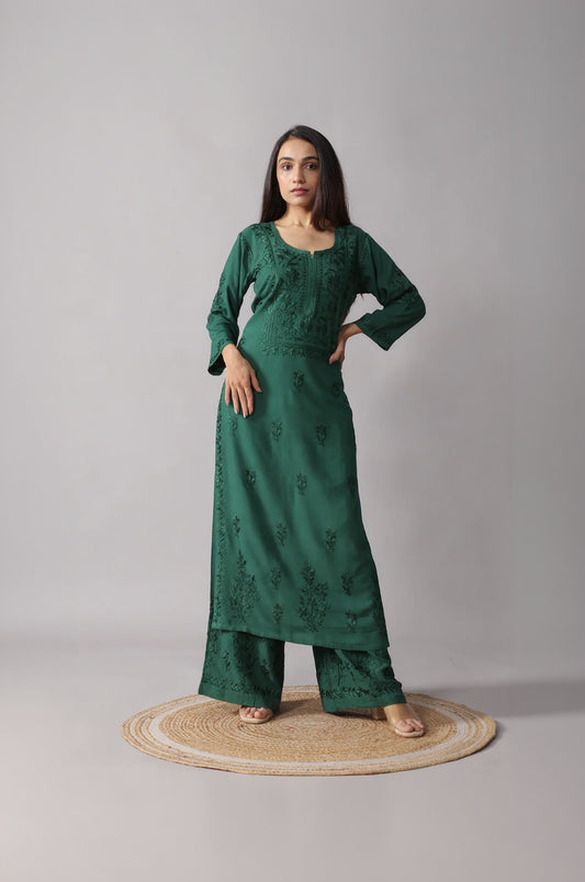 Aayat Bottle Green Rayon Kurta Pant set