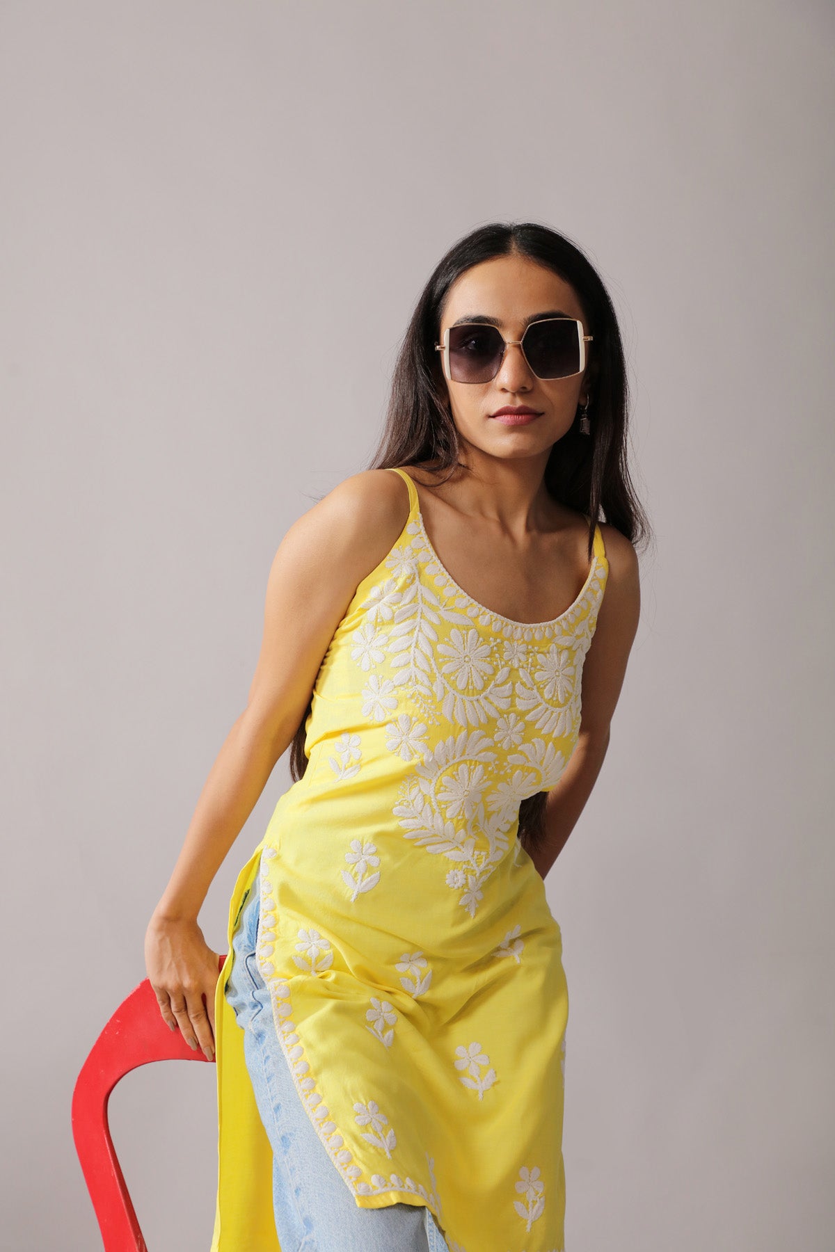 Kalindi Pastel Yellow Sleeveless Straight Kurta