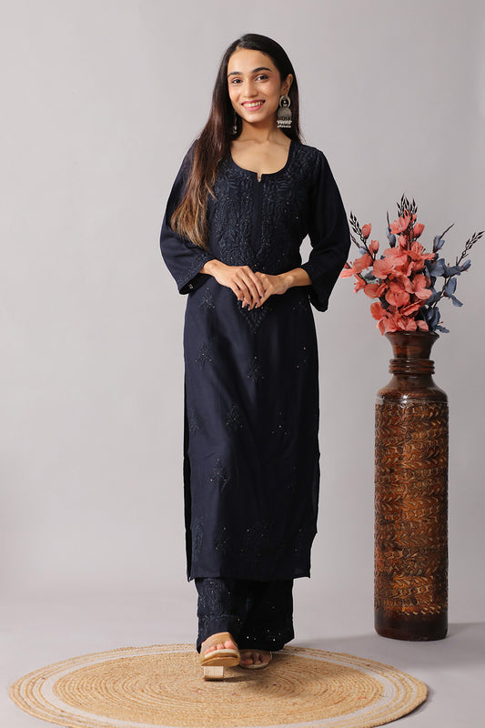 Gulistaan Navy Blue 2 piece Rayon Kurta Plazzo set