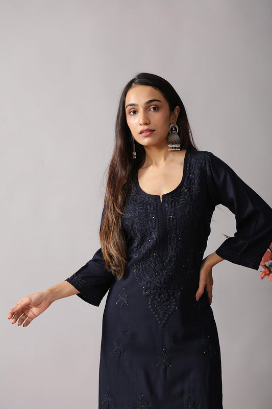 Gulistaan Navy Blue 2 piece Rayon Kurta Plazzo set