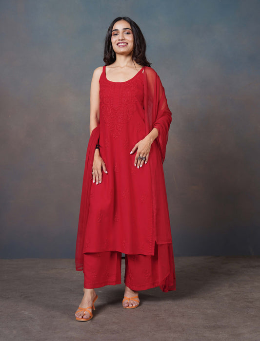 Falak Red Noodle Strap 3 Piece Kurta set