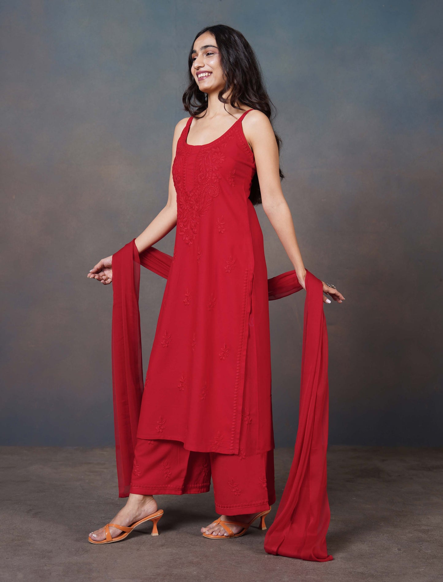 Falak Red Noodle Strap 3 Piece Kurta set