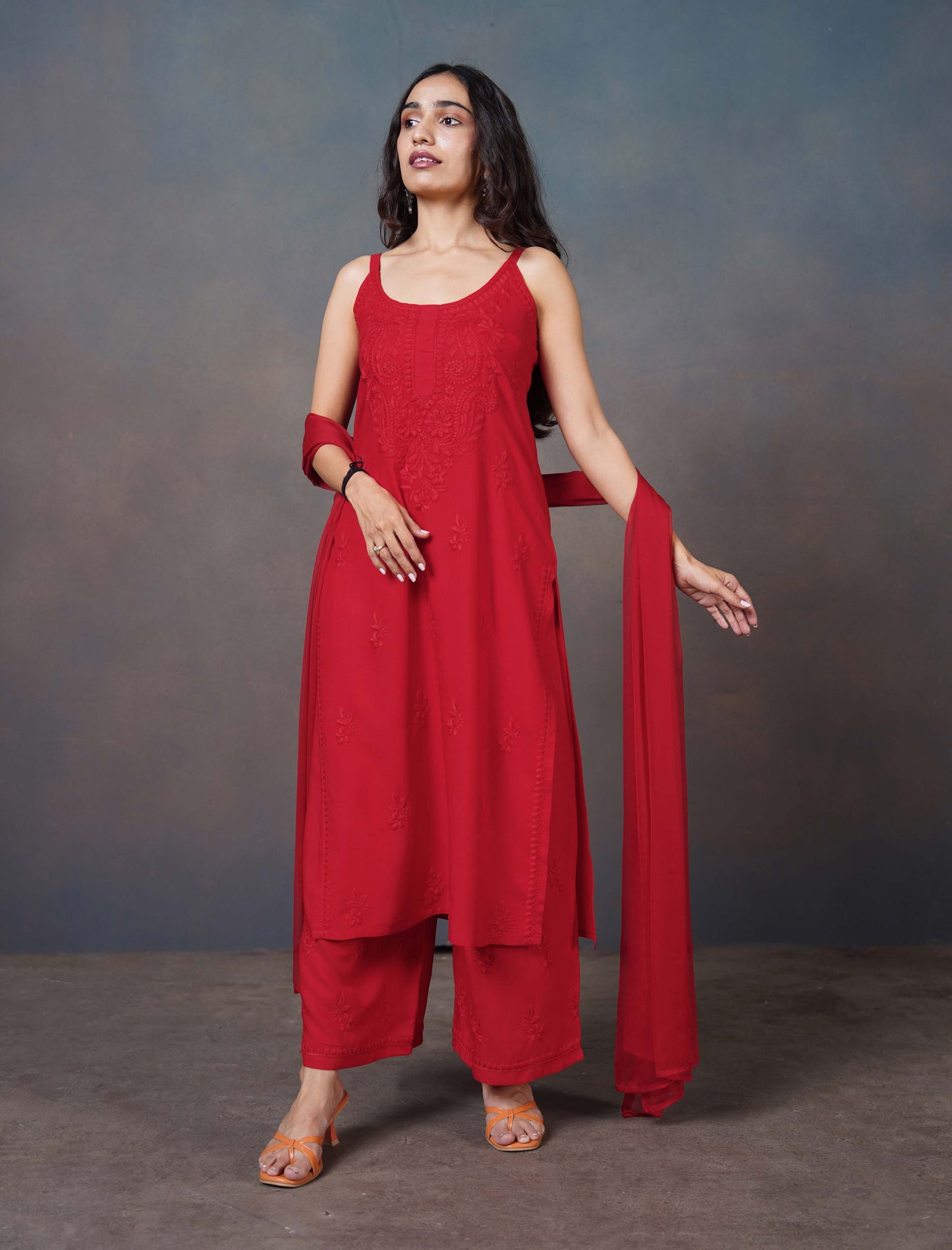 Falak Red Noodle Strap 3 Piece Kurta set