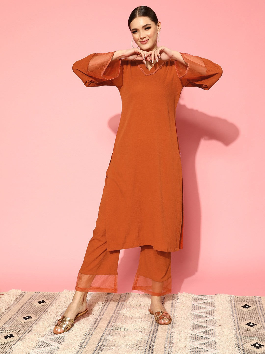 Rust Flared Sleeve Organza detailed Solid Kurta & Plazzo