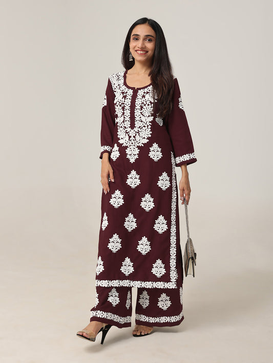 Aarohi Deep Maroon Chikankari Kurta with Palazzo Set