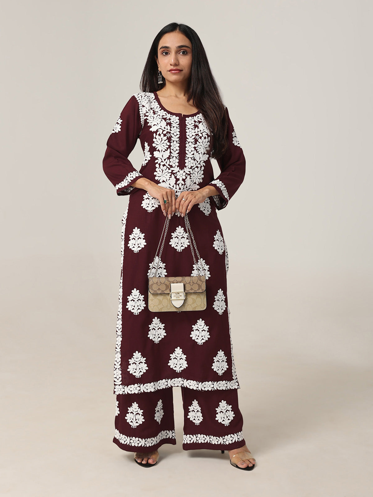 Aarohi Deep Maroon Chikankari Kurta with Palazzo Set