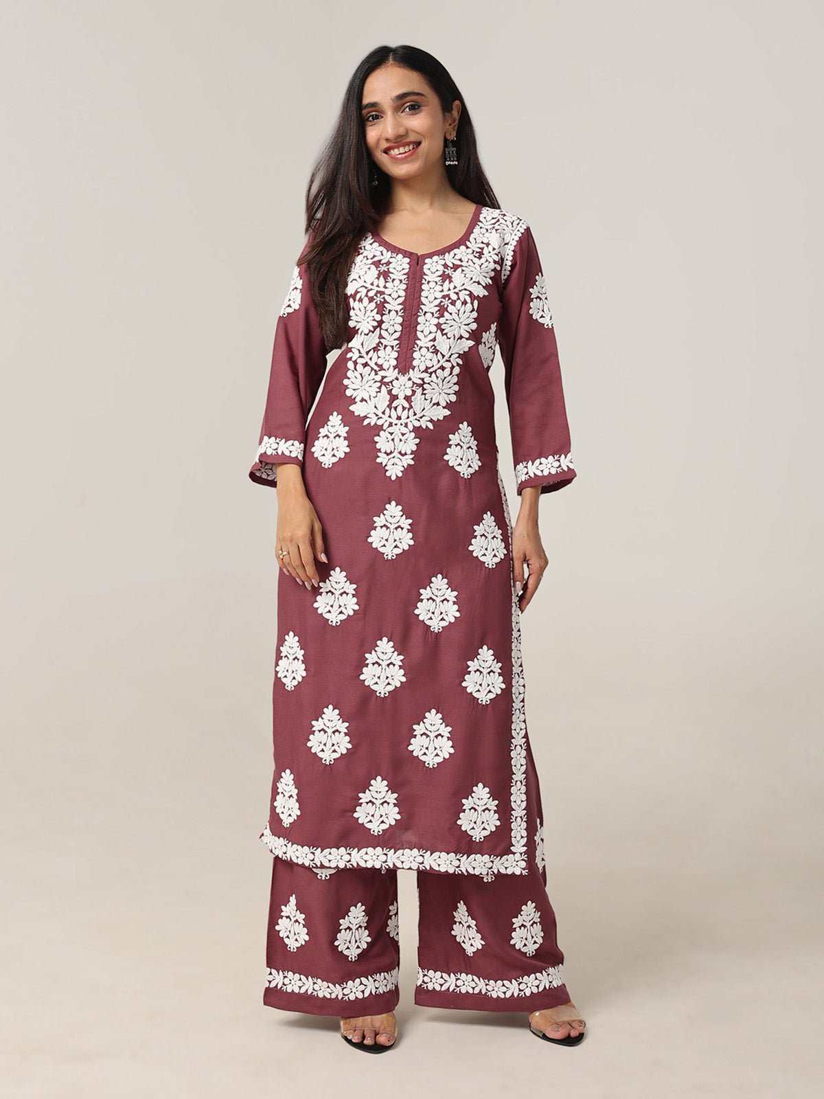 Aarohi Burgundy Chikankari Kurta with Palazzo Set