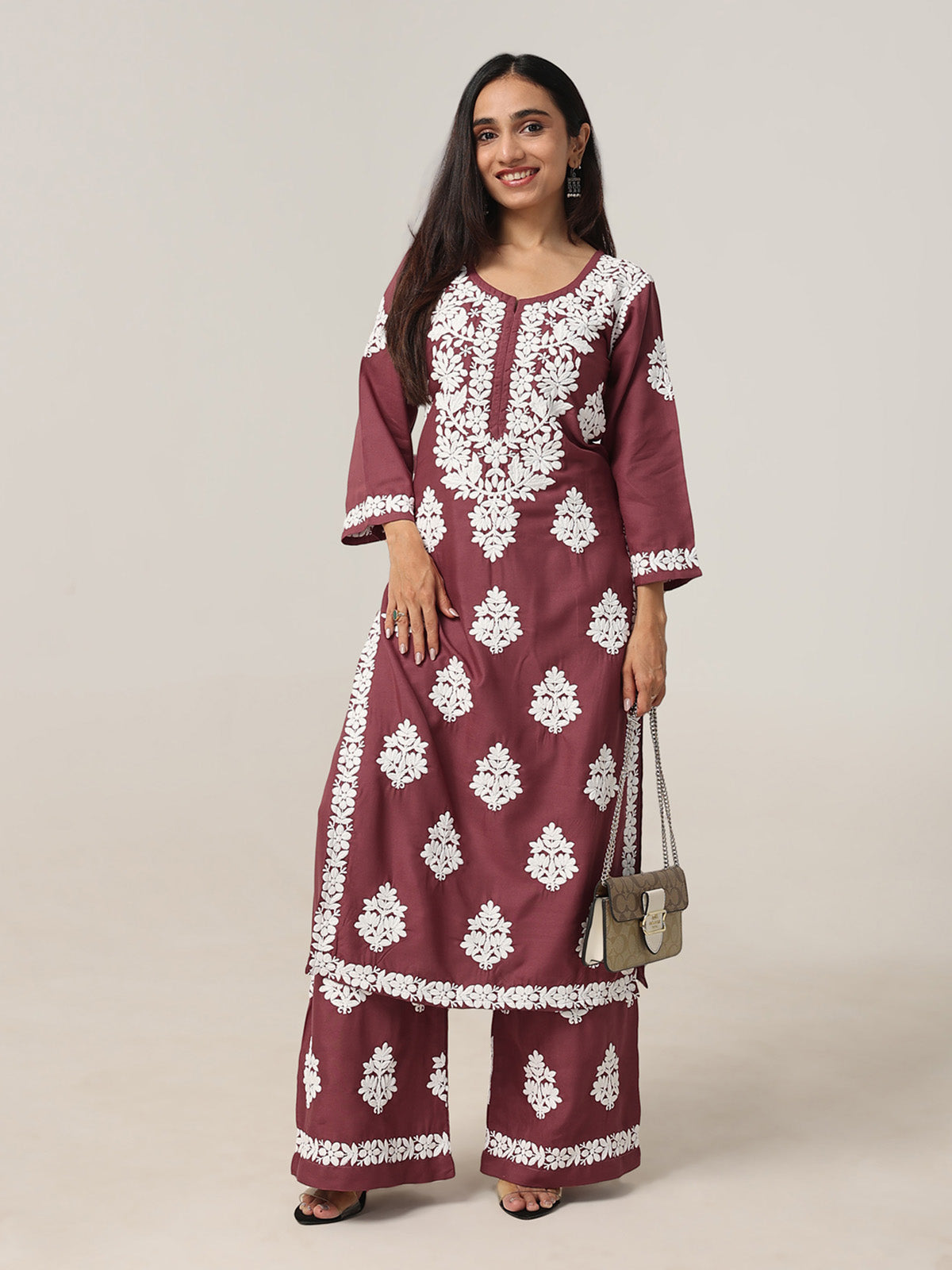 Aarohi Burgundy Chikankari Kurta with Palazzo Set