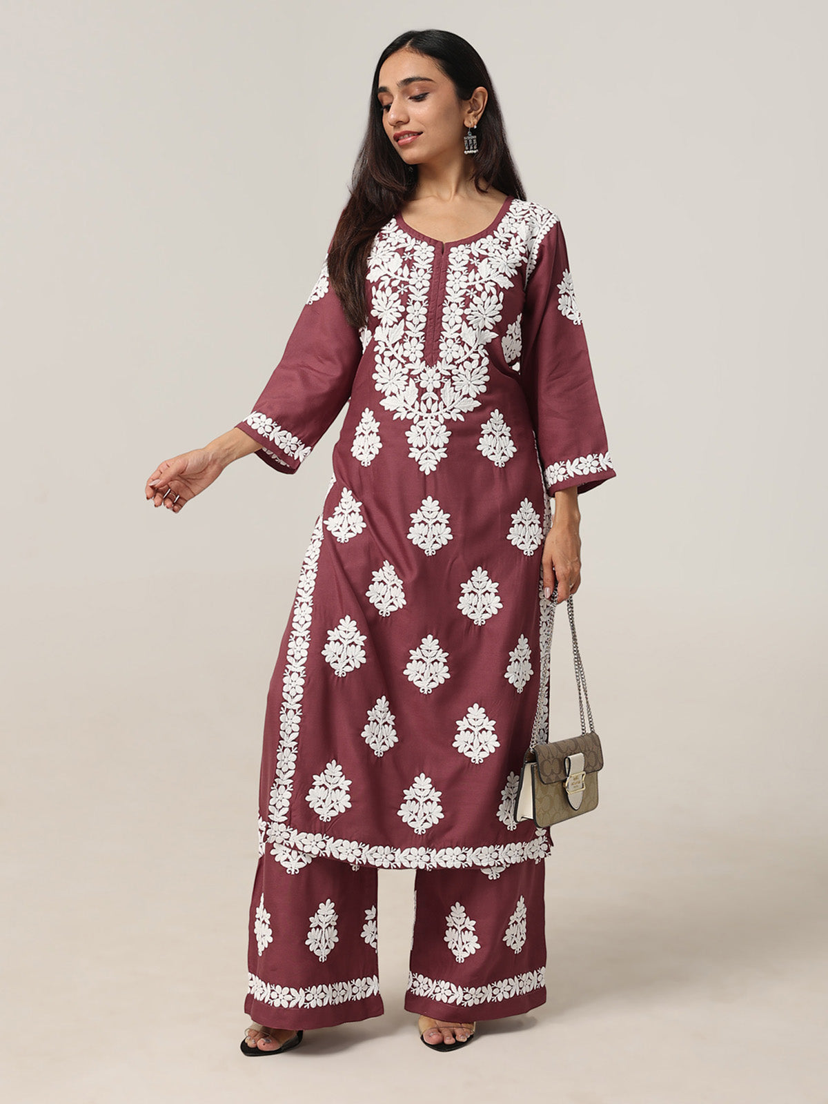 Aarohi Burgundy Chikankari Kurta with Palazzo Set