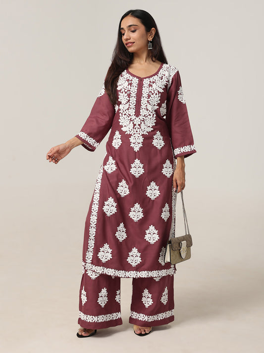 Aarohi Burgundy Chikankari Kurta with Palazzo Set