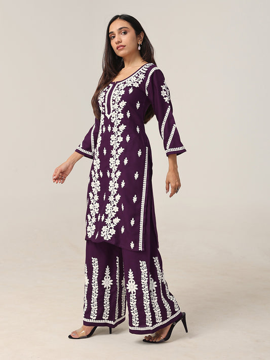Shararat Purple Floral Embroidered Kurta Palazzo Set