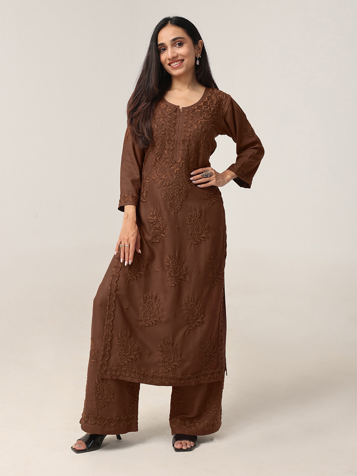 Avira Brown Floral Embroidered Kurta with Palazzos