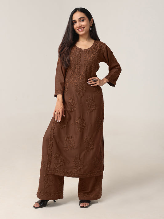 Avira Brown Floral Embroidered Kurta with Palazzos