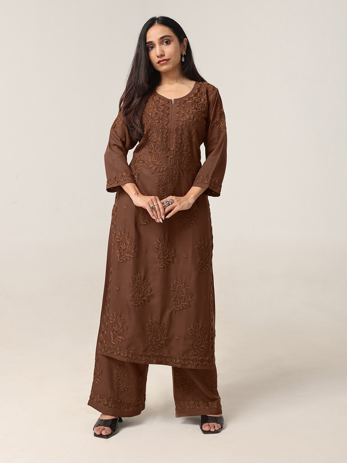 Avira Brown Floral Embroidered Kurta with Palazzos