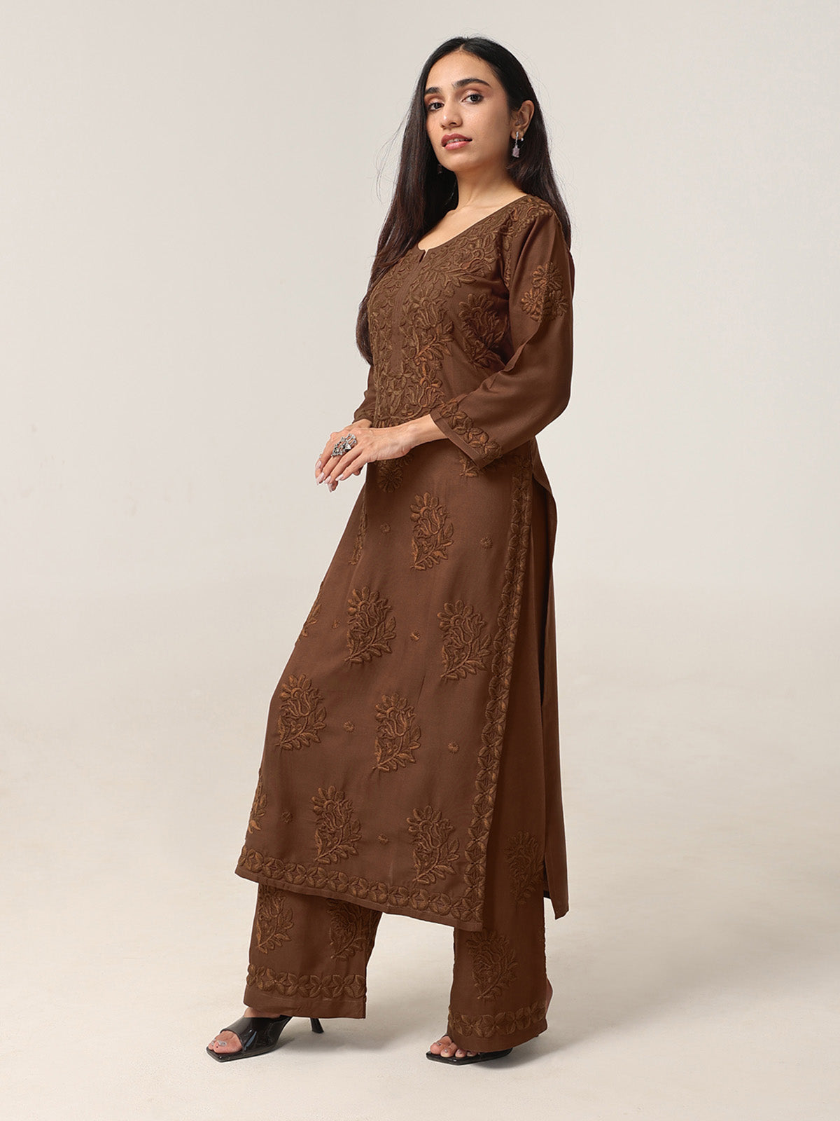 Avira Brown Floral Embroidered Kurta with Palazzos