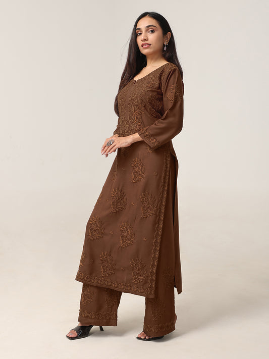 Avira Brown Floral Embroidered Kurta with Palazzos