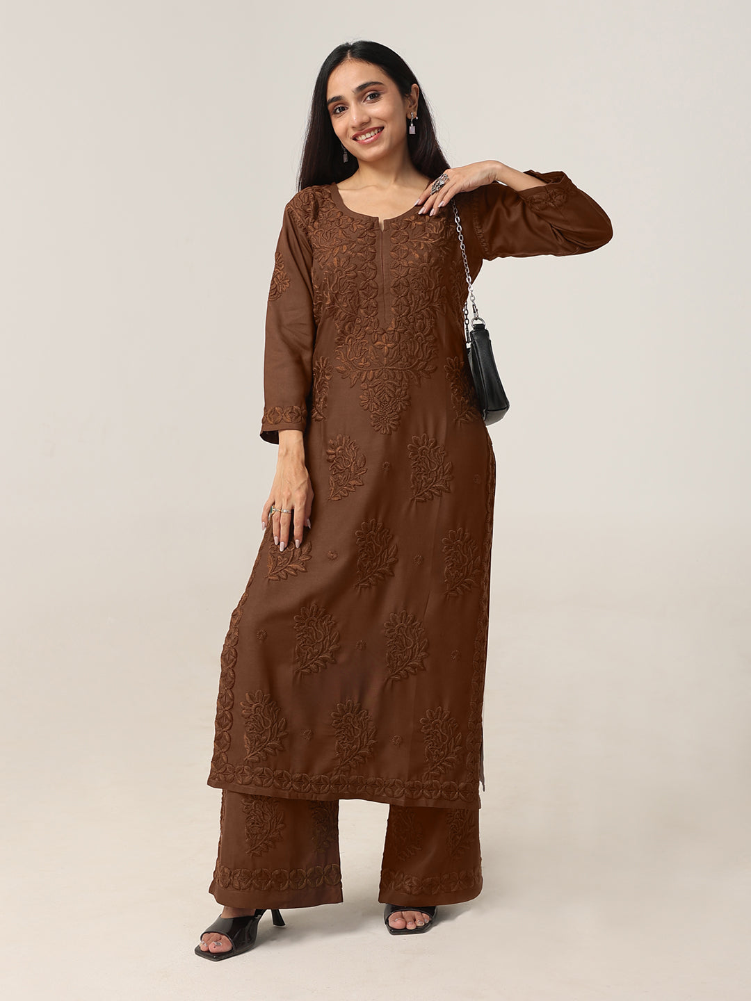 Avira Brown Floral Embroidered Kurta with Palazzos
