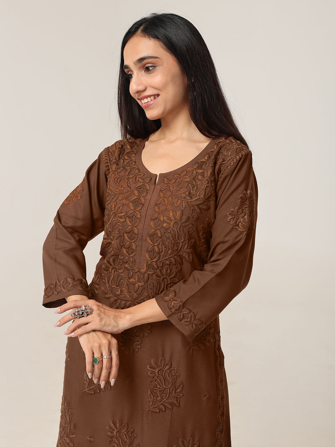 Avira Brown Floral Embroidered Kurta with Palazzos