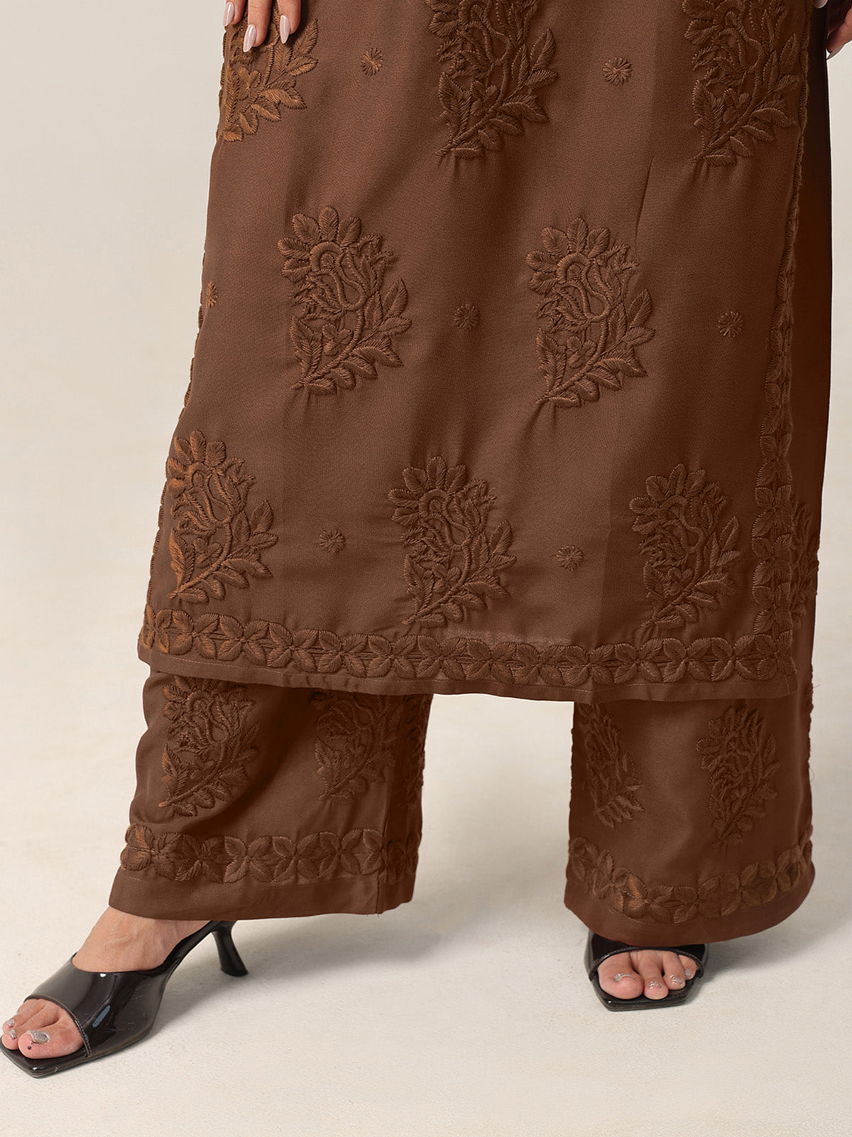 Avira Brown Floral Embroidered Kurta with Palazzos