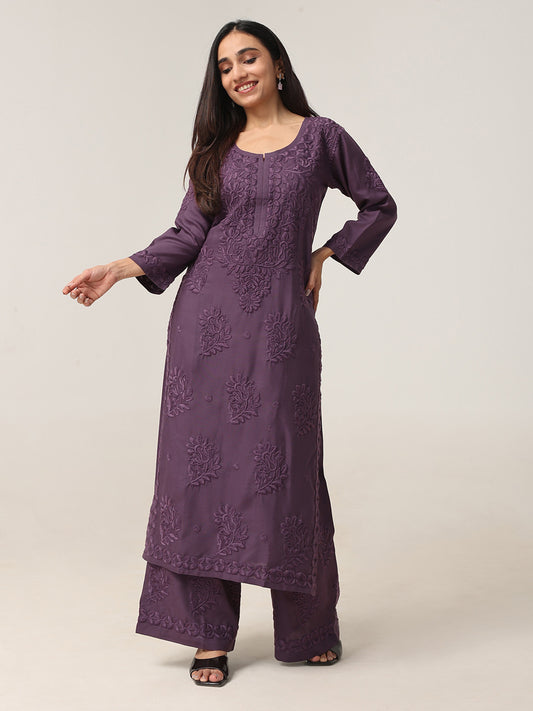 Avira Mauve Purple Floral Embroidered Kurta with Palazzos