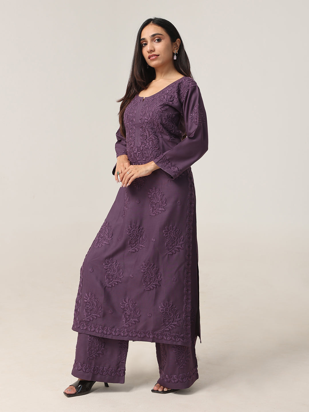 Avira Mauve Purple Floral Embroidered Kurta with Palazzos