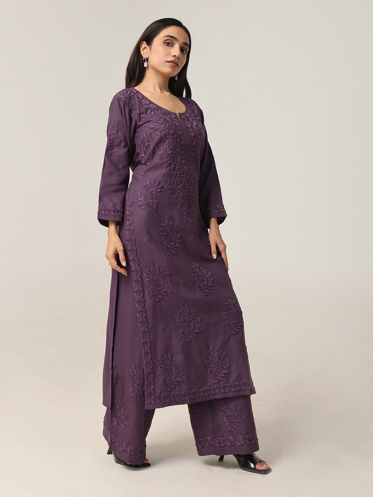 Avira Mauve Purple Floral Embroidered Kurta with Palazzos