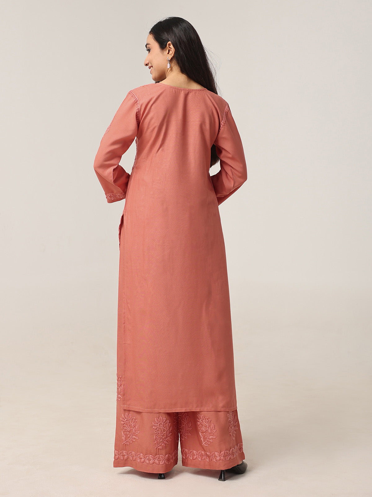 Avira Rose Peach Floral Embroidered Kurta with Palazzos